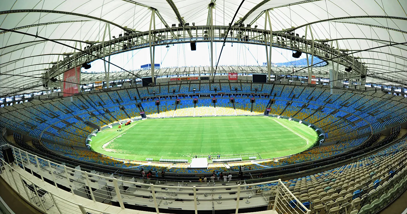 The vast green pitch and curving stands of the Maracanã stadium in Rio