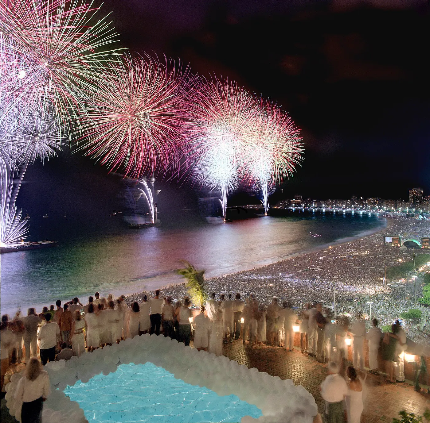 Fireworks over a sea of white-clad revellers at Copacabana on New Year's Eve