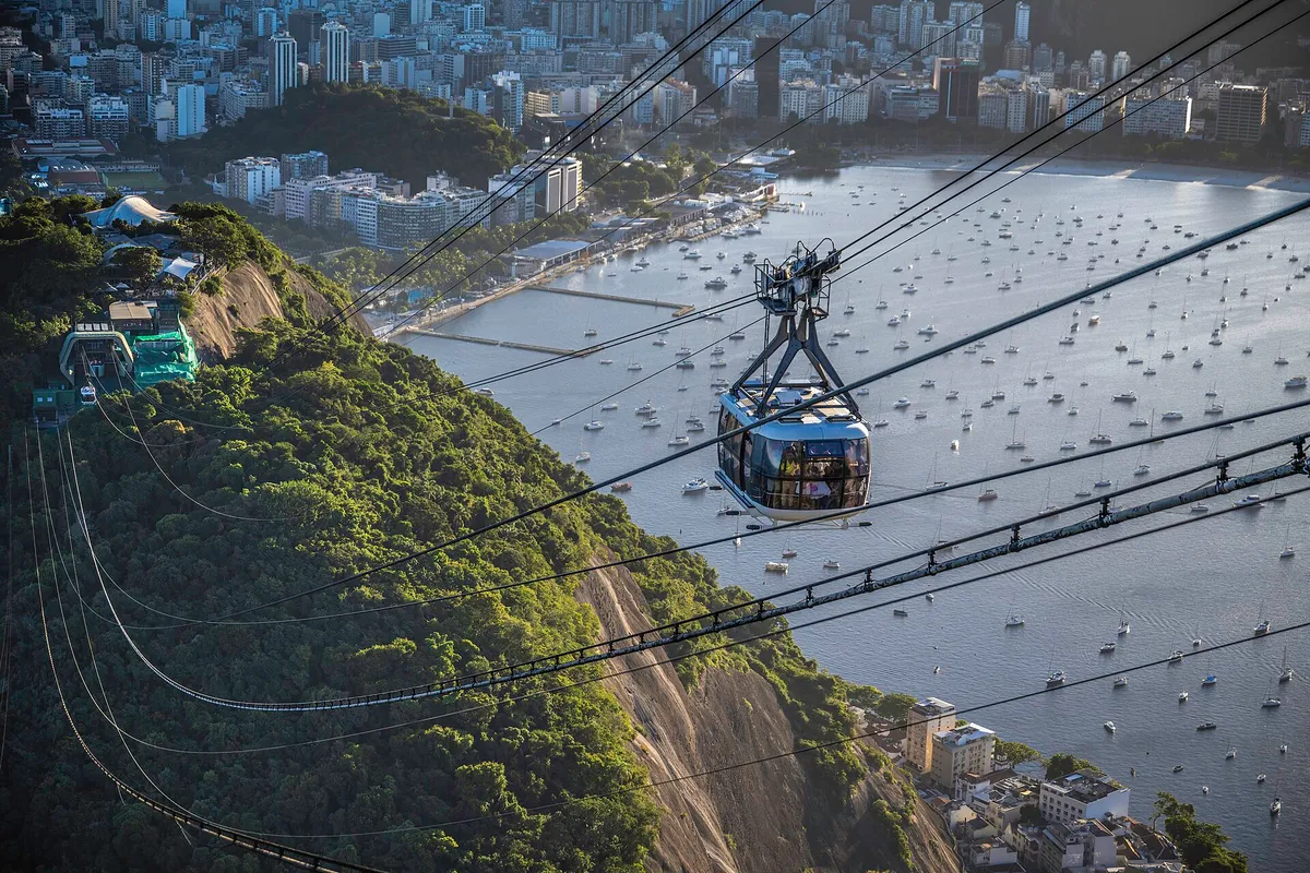 Golden evening light over Sugarloaf Mountain and Guanabara Bay in Rio de Janeiro