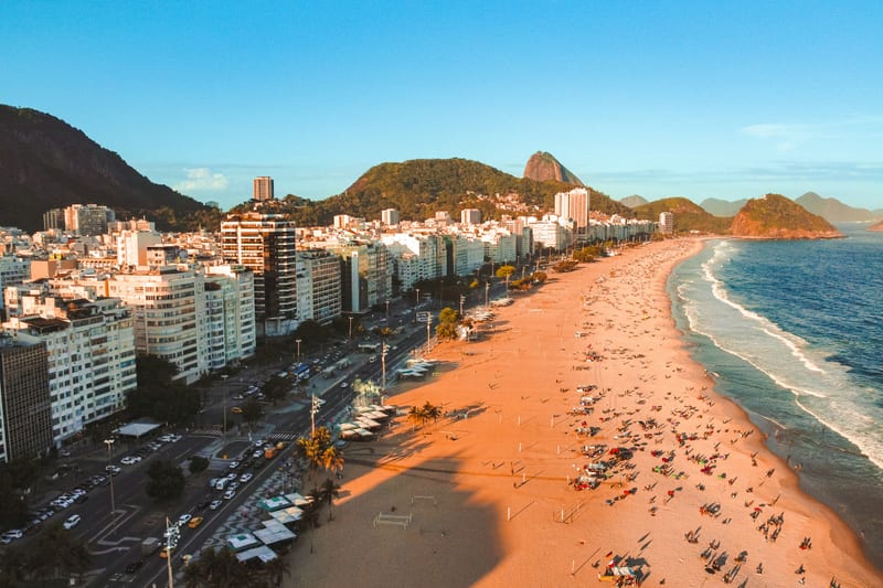 The curved beach and promenade of Copacabana in Rio de Janeiro