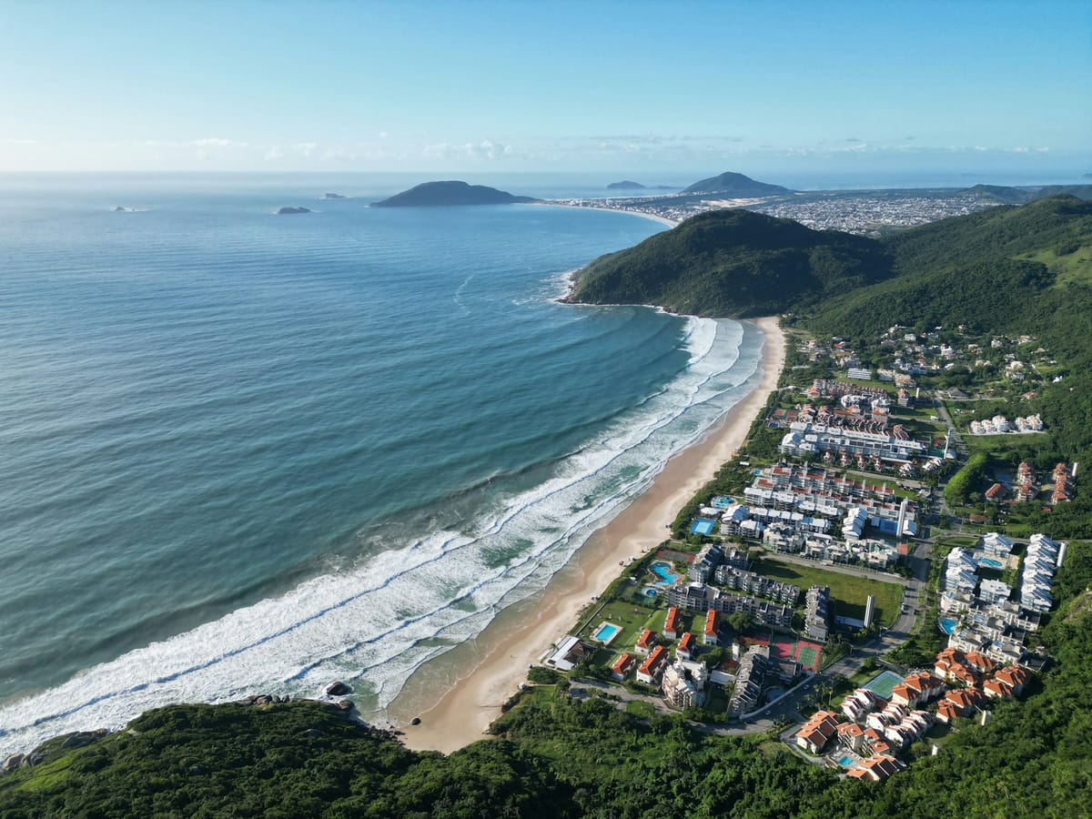 Aerial view of a beach and green headland in Florianópolis