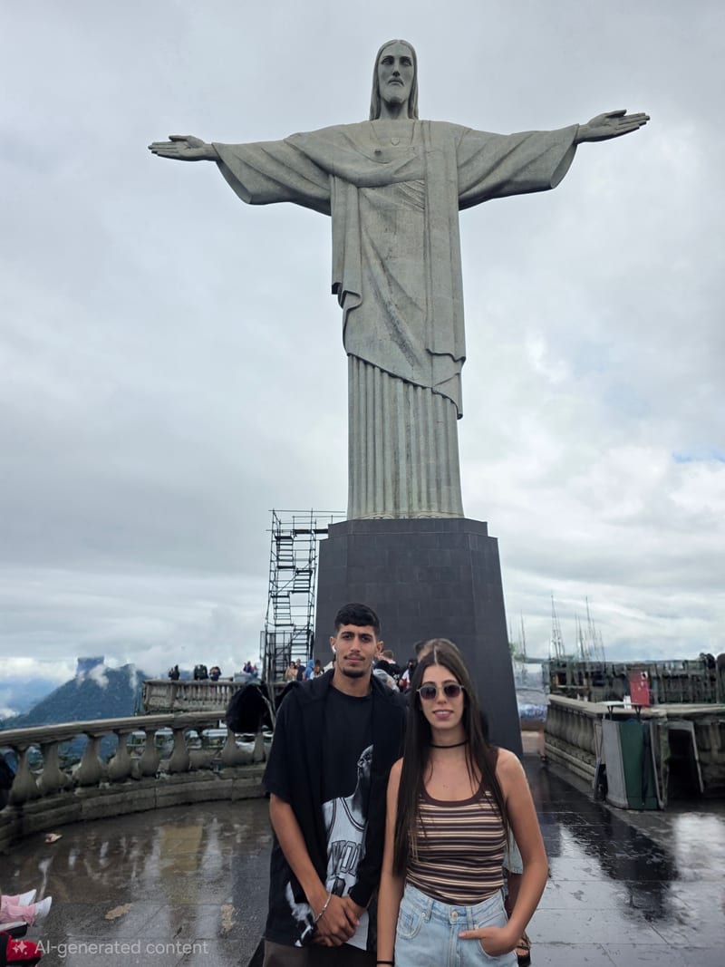 A couple at the foot of Christ the Redeemer in Rio de Janeiro