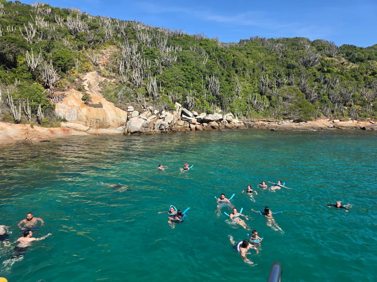 Snorkellers in a turquoise cove on Brazil's coast